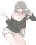 1girl absurdres black_sweater breasts casual cleavage eyebrows_visible_through_hair ff_frbb122 girls&#039;_frontline grey_hair highres jewelry long_hair necklace off-shoulder_sweater off_shoulder shorts simple_background single_bare_shoulder solo star_(symbol) sweater ump40_(girls&#039;_frontline) white_background white_shorts yellow_eyes 