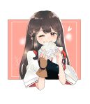  1girl akagi_(kancolle) blush brown_eyes brown_gloves brown_hair closed_mouth eating food food_on_face furochia gloves hair_between_eyes heart highres holding holding_food japanese_clothes kantai_collection long_hair muneate one_eye_closed onigiri partially_fingerless_gloves signature smile solo tasuki upper_body yugake 