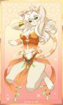  anthro breasts clothed clothing domestic_cat felid feline felis female fur green_eyes hair hi_res looking_at_viewer luckypan mammal midriff navel pink_nose solo tan_body tan_fur text translucent translucent_clothing url whiskers white_hair 