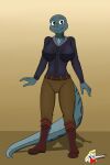  anthro big_breasts boots breasts clothed clothing female footwear green_body green_scales hi_res lizard looking_at_viewer reptile sailoranna scales scalie solo 