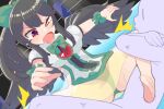  1girl 1other anger_vein black_hair bow bowtie crying crying_with_eyes_open green_bow green_bowtie hair_bow indoors long_hair lying on_back one_eye_closed open_mouth ponytail red_eyes reiuji_utsuho short_sleeves singlet spread_legs tears touhou touhou_tag_dream wings wrestling wrestling_outfit wrestling_ring yamase 