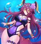  1girl bangs bare_shoulders blush bracelet breasts bubble covered_navel dragalia_lost fang flower hair_between_eyes hair_flower hair_ornament horns jewelry large_breasts long_hair looking_at_viewer mym_(dragalia_lost) one-piece_swimsuit red_hair skin_fang solo suta_(clusta) swimsuit underwater very_long_hair yellow_eyes 