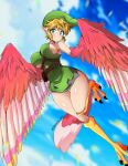  1girl absurdres artist_name bare_shoulders belt belt_pouch bird_legs blue_eyes blush breasts cloud commentary_request ear_piercing flying genderswap genderswap_(mtf) green_headwear harpy highres jarckius large_breasts link looking_at_viewer monster_girl monsterification piercing pink_feathers pink_wings pointy_ears pouch sky smile solo talons the_legend_of_zelda thigh_gap thighs torn_clothes winged_arms wings 