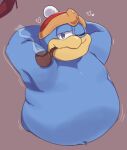  &lt;3 anthro beak belly blue_body blue_eyes blue_feathers clothing feathers hands_behind_head hat hat_only headgear headgear_only headwear headwear_only hi_res king king_dedede kirby_(series) male mostly_nude nintendo one_eye_closed pipe royalty smoking solo st637 video_games wink 