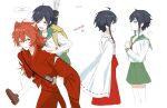  3boys absurdres animal_ears bag bangs bare_legs black_hair blue_hair braid closed_eyes cosplay_request diluc_(genshin_impact) fox_ears genshin_impact gradient_hair green_skirt highres inuyasha japanese_clothes kkopoli korean_text long_hair long_sleeves multicolored_hair multiple_boys nameless_bard_(genshin_impact) open_mouth otoko_no_ko ponytail red_eyes red_hair school_uniform serafuku shoes skirt smile translation_request twin_braids uniform venti_(genshin_impact) 