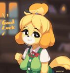  animal_crossing animated anthro big_breasts blonde_hair bouncing_breasts breasts canid canine canis clothing domestic_dog female genvoke hair isabelle_(animal_crossing) mammal nintendo ponytail shirt short_ponytail solo tail_motion tailwag topwear upper_body video_games white_clothing white_shirt white_topwear 