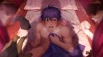  2boys abs bad_source bed bed_sheet biceps blanket blurry blurry_background blush caius_lao_bistail clothes_removed couple dark-skinned_male dark_skin gloves gyee heart highres jewelry kouichi_mizuki looking_at_another male_focus multiple_boys muscular muscular_male nipples nude official_art open_mouth pectorals pillow purple_hair ring spiked_hair sweat sweatdrop yaoi 