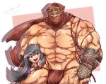  1boy 1girl abs artist_name bara black_hair blush character_request chest_hair collared_jacket collared_shirt covered_face frown fundoshi gauntlets gloves hairy happy highres japanese_clothes kizami_nori_to_yamaimo large_pectorals long_hair looking_to_the_side male_underwear manly mask master_2_(housamo) mature_male muscular muscular_male navel necktie nipples no_pants open_mouth pectorals purple_eyes red_eyes scar school_uniform shirt size_difference sweatdrop teeth thick_arms thick_eyebrows thick_thighs thighs tokyo_afterschool_summoners tongue topless_male underwear veins veiny_arms 