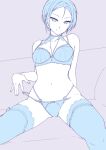  1girl bare_shoulders blue_theme bra breasts closed_mouth hi_iro looking_at_viewer medium_breasts monochrome multi-strapped_bra multi-strapped_panties navel original panties short_hair sitting smile solo thighhighs underwear 