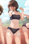  3girls ass_visible_through_thighs bent_over black_buruma black_sports_bra breasts brown_eyes brown_hair buruma cloud commentary_request expressionless highres looking_away looking_to_the_side midriff minato_ojitan multiple_girls navel original outdoors outstretched_arm running_track short_hair sky small_breasts sports_bikini sports_bra stretch tan tanlines thighs track_and_field 