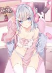  1girl :o animal_ears apex_legends ass_visible_through_thighs bangs between_legs blue_eyes blush bow bow_panties breasts camisole cat_ear_headphones chair cleavage collarbone commentary_request desk eyebrows_visible_through_hair fake_animal_ears grey_hair hand_between_legs head_tilt headphones highres hoshi_(snacherubi) jacket keyboard_(computer) long_hair long_sleeves looking_at_viewer medium_breasts microphone monitor mouse_(computer) navel off_shoulder office_chair on_chair open_clothes open_jacket original panties parted_lips pink_jacket power_symbol sitting sleeves_past_wrists solo thighhighs underwear very_long_hair white_camisole white_legwear white_panties wing_hair_ornament 