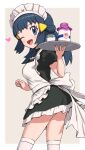  1girl ;d alternate_costume apron black_dress blue_eyes blue_hair border bottle breasts contrapposto cup dawn_(pokemon) dress enmaided frilled_dress frills from_side gonzarez hair_ornament hand_up heart highres holding holding_tray long_hair looking_at_viewer looking_to_the_side maid maid_apron maid_headdress milk milk_bottle one_eye_closed pokemon pokemon_(anime) pokemon_dppt_(anime) short_sleeves smile solo thighhighs tray white_border white_legwear zettai_ryouiki 