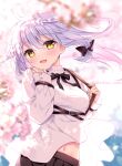  1girl :d bangs black_bow black_skirt blurry blurry_background blurry_foreground blush bow breasts cherry_blossoms commentary_request depth_of_field eyebrows_visible_through_hair flower grey_hair hair_between_eyes hair_bow hands_up long_sleeves looking_at_viewer medium_breasts navel original pleated_skirt shikitani_asuka shirt skirt sleeves_past_wrists smile solo twitter_username white_flower white_shirt yellow_eyes 