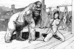  2017 ambiguous_gender ape breasts chain collar eyes_closed female feral gorilla group haplorhine holding_leash holding_object human jandraws kneeling leash mammal monochrome nipple_chain nipple_piercing nipples nude piercing primate signature slave_market 