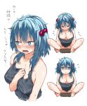  absurdres black_shirt blue_eyes blue_hair blush breasts computer downblouse embarrassed hair_bobbles hair_ornament highres indian_style kawashiro_nitori laptop large_breasts looking_at_viewer looking_away naked_shirt okbnkn open_mouth ringed_eyes shirt simple_background sitting sweat touhou translation_request two_side_up white_background wide-eyed 