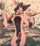  3d_(artwork) adfdaf anthro black_body black_fur collar collar_only detailed_background digital_media_(artwork) exhibitionism exposed extasov2 fur genitals male nude park penis pink_body plant public public_nudity rexouium screenshot_edit solo tiktok tree 