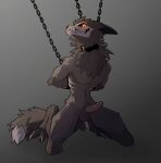  anthro balls bdsm black_body black_fur bondage bone bound cadaver_(skulldog) chain chained fur genitals glowing glowing_eyes hi_res male penis simple_background skull skull_head skulldog_(species) solo wingedwolf94 