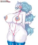  anthro big_breasts bikini blue_hair breasts clothing female girlsay hair hi_res huge_breasts nintendo pok&eacute;mon pok&eacute;mon_(species) primarina simple_background sling_bikini solo swimwear video_games white_background 