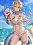  4girls :d artist_name ass_visible_through_thighs barbara_(genshin_impact) barbara_(summertime_sparkle)_(genshin_impact) bare_shoulders beach bikini blonde_hair blush bracelet breasts child choker chumugi collarbone contrapposto cowboy_shot eyewear_on_head flip-flops floating flower food genshin_impact glint hair_between_eyes hair_flower hair_ornament halo highres innertube jean_(genshin_impact) jean_(sea_breeze_dandelion)_(genshin_impact) jewelry lens_flare lumine_(genshin_impact) medium_breasts medium_hair multiple_girls navel one-piece_swimsuit outdoors paimon_(genshin_impact) partially_submerged pearl_bracelet ponytail popsicle rainbow sandals scarf shaved_ice skindentation smile splashing star_(symbol) star_hair_ornament stomach sunglasses swimsuit thigh_strap thighs twintails white_bikini white_hair white_swimsuit yellow_eyes 