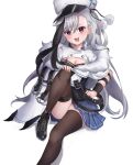  1girl azur_lane belt black_belt black_footwear black_legwear breasts cleavage cloak coat_dress cross-laced_footwear foot_out_of_frame fur-trimmed_cloak fur_hat fur_trim grey_hair hand_on_own_knee hat highres long_hair looking_at_viewer medium_breasts miniskirt minsk_(azur_lane) open_mouth peaked_cap pleated_skirt purple_eyes purple_skirt simple_background skirt solo thighhighs una_hirag white_background zettai_ryouiki 