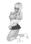  1girl armpits bangs bare_shoulders blush breasts butakun clothes_pull full_body greyscale hand_on_own_chest highres hime_cut inverted_nipples kneeling long_hair looking_back medium_breasts miniskirt monochrome original pleated_skirt shirt_pull sidelocks simple_background skirt socks solo sweat thighs white_background 