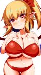  1girl bikini blonde_hair breasts crystal eyebrows eyebrows_visible_through_hair flandre_scarlet highres large_breasts medium_hair navel one_side_up oppai_loli pointy_ears red_eyes simple_background solo swimsuit touhou white_background wings xialu_zajin 