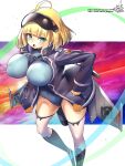  1girl ahoge blonde_hair blue_eyes breasts eyebrows_visible_through_hair griffon_(last_origin) highres jacket large_breasts last_origin leotard open_mouth short_hair signature solo thighhighs umigarasu_(kitsune1963) weapon white_legwear 