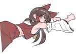  1girl armpits bangs bare_shoulders bow brown_eyes brown_hair covered_mouth detached_sleeves eyebrows_visible_through_hair frogsnake hair_bow hair_tubes hakurei_reimu long_hair looking_at_viewer lying midriff on_stomach red_bow red_ribbon red_shirt red_skirt ribbon ribbon-trimmed_sleeves ribbon_trim shirt sidelocks simple_background sketch skirt sleeveless sleeveless_shirt solo touhou white_sleeves wide_sleeves 
