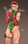  1girl abs ahoge bangs bare_legs bare_shoulders blonde_hair bodysuit bowalia braid cammy_white cup elbow_gloves fingerless_gloves gloves green_eyes hat highleg holding holding_cup leg_belt long_hair looking_at_viewer muscular muscular_female peaked_cap ponytail red_gloves smile solo street_fighter 