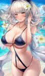  1girl azur_lane bangs beach bikini bird black_bikini blue_sky blunt_bangs blush bracelet breasts collarbone eyebrows_visible_through_hair floating_hair flower grey_eyes grey_hair hair_flower hair_ornament hand_in_own_hair hands_up highres jewelry large_breasts long_hair looking_at_viewer multi-strapped_bikini navel necklace official_alternate_costume outdoors parted_lips shawl short_braid skindentation sky solo stomach string_bikini swimsuit vittorio_veneto_(azur_lane) vittorio_veneto_(the_flower_of_la_spezia)_(azur_lane) water wavy_hair white_flower yukinimaru 