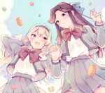 2girls :d baumkuchen black_hairband blonde_hair blue_bow blue_eyes blue_sky blunt_ends blush bow bowtie brown_hair cake closed_mouth cloud commentary_request day fingernails food from_below grey_jacket grey_skirt hair_bow hair_ornament hairband half_updo hand_in_own_hair hands_up holding_hands interlocked_fingers jacket long_hair looking_at_another looking_at_viewer macaron miniskirt multiple_girls open_clothes open_jacket open_mouth outdoors pink_eyes pleated_skirt red_bow red_bowtie saijou_claudine school_uniform seishou_music_academy_uniform shirt shirt_tucked_in shoujo_kageki_revue_starlight sidelocks skirt sky smile standing star_(symbol) tendou_maya wato_(ko) wavy_hair white_shirt x_hair_ornament yuri 