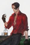  1boy alcohol black_gloves black_hair black_pants cup desk drinking_glass eyepatch facial_hair formal gloves goatee highres irezumi jewelry jiao_mao leaning_on_object majima_gorou male_focus mature_male necklace one-eyed open_clothes open_shirt pants red_shirt ryuu_ga_gotoku ryuu_ga_gotoku_4 shirt short_hair shot_glass sleeves_rolled_up tattoo unbuttoned untucked_shirt whiskey white_background yakuza 