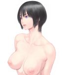  1girl black_hair breasts collarbone completely_nude contrapposto large_breasts nipples nude original parted_lips purple_eyes revision short_hair shu-mai simple_background solo upper_body white_background 
