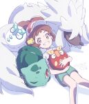  1girl bangs brown_eyes brown_hair bulbasaur commentary_request darumaka dated elaine_(pokemon) eyelashes furfrou galarian_darumaka green_shorts grin hat holding holding_pokemon looking_at_viewer lying on_back pokemon pokemon_(creature) pokemon_(game) pokemon_lgpe red_headwear shirt short_sleeves shorts signature smile ueda_hanako white_shirt 