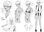  1girl apron backpack bag breasts butakun censored censored_nipples character_sheet clothes_around_waist collared_shirt commentary_request ear_piercing earrings greyscale heart heart_censor highleg highleg_panties jewelry looking_at_viewer loose_necktie mole mole_under_mouth monochrome multiple_piercings multiple_views navel navel_piercing necktie original panties piercing shirt simple_background small_breasts smile standing stomach sweater sweater_around_waist translation_request underwear white_background white_shirt 