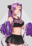  1girl alternate_costume belly cheerleader facial_mark fate_(series) forehead forehead_mark hakohako-does highres medusa_(fate) ponytail purple_eyes purple_hair simple_background 