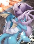  2022 4_fingers anthro blush breasts butt duo eeveelution espeon eyelashes featureless_breasts female fingers forehead_gem forked_tail hi_res light nintendo nude open_mouth partially_submerged pok&eacute;mon pok&eacute;mon_(species) rilex_lenov smile sunlight text unusual_anatomy unusual_tail url vaporeon video_games water wet 
