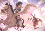  1boy 1girl 2others black_hair blue_eyes breasts cloud dress feathered_wings flying highres horse leveen long_hair looking_at_another looking_back multiple_others original pegasus pegasus_wings riding scenery short_hair sky sleeveless sleeveless_dress smile sunset uniform wings 