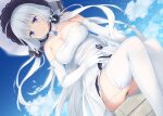  1girl azur_lane blue_eyes blue_gemstone blue_sky breasts cleavage cloud cloudy_sky day detached_sleeves dress elbow_gloves from_below gem gloves hat illustrious_(azur_lane) kirisawa_shinji lace-trimmed_headwear lace_trim large_breasts long_hair looking_at_viewer mole mole_under_eye sitting sky smile solo strapless strapless_dress sun_hat thighhighs tri_tails very_long_hair white_dress white_garter_straps white_gloves white_hair white_headwear white_legwear 