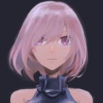  1girl fate_(series) hakohako-does highres mash_kyrielight pink_hair purple_eyes short_hair simple_background sleeveless 