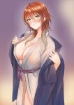  1girl :o aketa_mikoto blonde_hair blurry blurry_background blush breasts brown_hair cleavage gradient_hair highres idolmaster idolmaster_shiny_colors japanese_clothes kimono large_breasts looking_at_viewer multicolored_hair naked_kimono nakonako simple_background solo undressing 