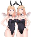  2girls animal_ears bangs bare_arms bare_shoulders black_hairband black_leotard blue_eyes bow bowtie breasts brown_hair character_request cleavage closed_mouth cowboy_shot detached_collar eyebrows_visible_through_hair fake_animal_ears hairband highres large_breasts leotard looking_at_viewer lost_ark multiple_girls open_mouth playboy_bunny rabbit_ears simple_background smile talnory white_background white_bow white_bowtie wings 