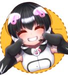  1girl african_penguin_(kemono_friends) animal_costume black_gloves black_hair closed_eyes gloves headphones hikarikmy kemono_friends kemono_friends_v_project long_hair looking_at_viewer multicolored_hair open_mouth penguin_costume shirt simple_background smile solo straight_hair virtual_youtuber white_shirt 