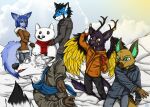  4_fingers anthro black_body black_fur black_hair blue_body blue_eyes blue_fur blue_hair brown_body brown_fur canid canine canis fan_character feathers female fingers fox fur green_body green_eyes green_fur group hair hi_res male mammal purple_body purple_fur snow snowman white_body white_fur wolf yellow_body yellow_eyes yellow_feathers ziegelzeig 