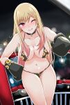  1girl absurdres bangs bare_arms bare_legs bare_shoulders bikini blonde_hair boxing boxing_gloves breasts collarbone covered_nipples earrings eyebrows_behind_hair eyebrows_visible_through_hair hair_between_eyes highres jewelry kitagawa_marin looking_at_viewer micro_bikini nonoririn one_eye_closed reaching_out red_eyes smile solo sono_bisque_doll_wa_koi_wo_suru swimsuit 