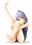  1girl bangs bare_arms bare_legs bare_shoulders barefoot blue_swimsuit blush brown_eyes closed_mouth commentary_request eyebrows_visible_through_hair full_body head_tilt highres hugging_own_legs knee_up leg_up long_hair one-piece_swimsuit original ponytail purple_eyes school_swimsuit shadow shibacha smile soles solo swimsuit white_background 