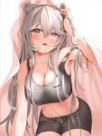  1girl animal_ears bangs blue_eyes blush breasts cleavage grey_eyes grey_hair hair_between_eyes highres hololive large_breasts lion_ears lion_girl long_hair looking_at_viewer navel open_mouth shirt shishiro_botan solo striped striped_shirt takahira_(takahirac562) virtual_youtuber 