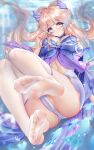  1girl blush breasts genshin_impact hair_ornament kamue large_breasts light_brown_hair long_hair looking_at_viewer navel no_shoes panties purple_eyes sangonomiya_kokomi see-through see-through_legwear soles solo thighhighs toes underwater underwear white_legwear white_panties 