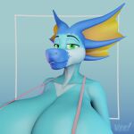  2022 3d_(artwork) abstract_background anthro big_breasts bikini bikini_top breasts bust_portrait cleavage clothed clothing digital_media_(artwork) female fin green_eyes head_fin hi_res huge_breasts hyper hyper_breasts lizard portrait reptile scalie skea solo swimwear veein3d 