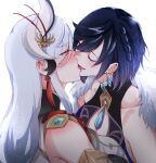  2girls blush braid breasts cleavage closed_eyes collarbone eyebrows_visible_through_hair eyes_visible_through_hair french_kiss fur_trim genshin_impact hair_between_eyes hair_ornament kiss long_hair mole mole_on_breast multiple_girls negom shenhe_(genshin_impact) simple_background tongue tongue_out upper_body white_background white_hair yelan_(genshin_impact) yuri 